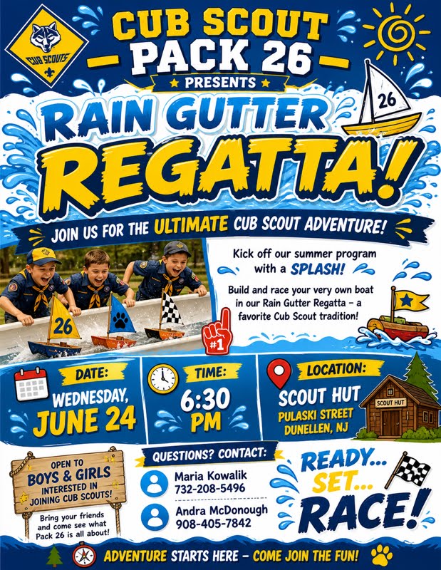 Cub Scout Pack 26 Rain Gutter Regatta flyer - Wednesday June 24 at 6:30 PM, Scout Hut on Pulaski Street, Dunellen NJ